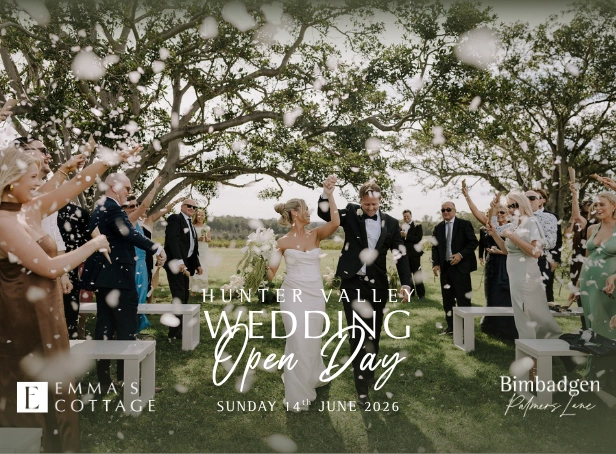 Hunter Valley Wedding Open Day 2026 ceremony at Bimbadgen Palmers Lane with bride and groom walking down aisle surrounded by guests and confetti