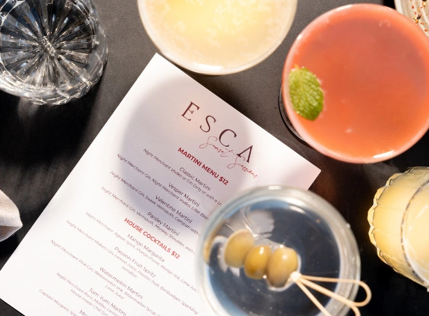 Cocktails surrounding the Martini Hour menu at Esca Bimbadgen in the Hunter Valley