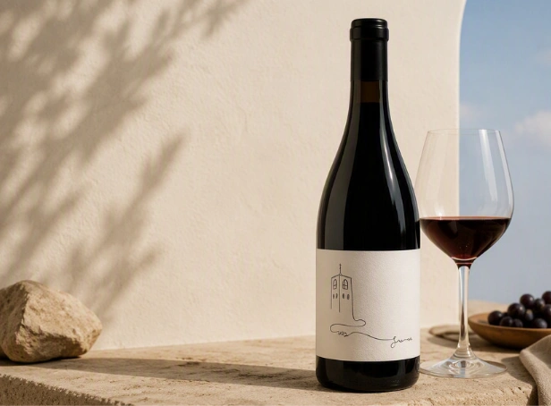 Bottle of Bimbadgen 2023 Limited Release Sangiovese beside a glass of red wine in a sunlit setting.