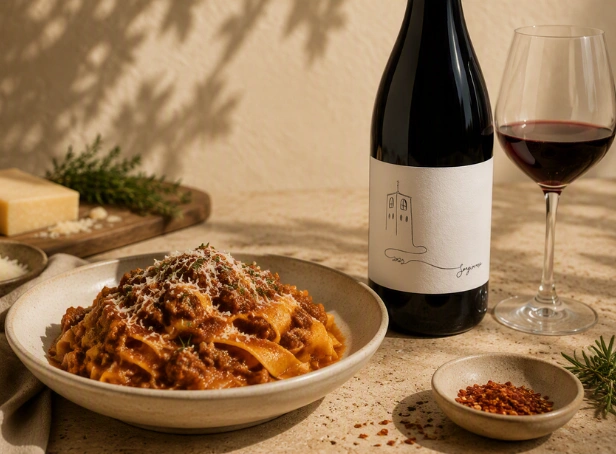 Bottle of Bimbadgen 2023 Limited Release Sangiovese beside a glass of red wine and a bowl of tomato-based pasta.