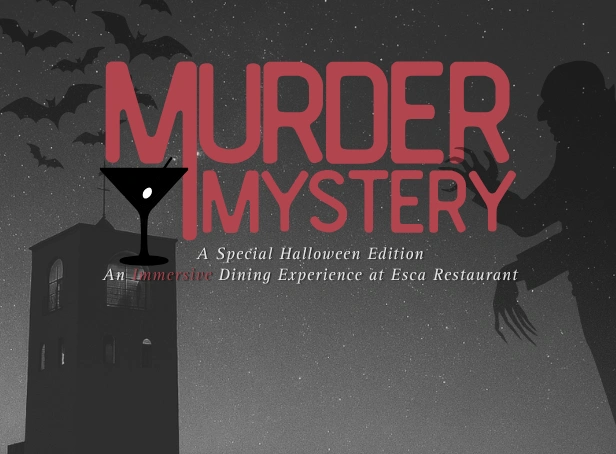 Halloween Murder Mystery event graphic for Esca Restaurant featuring a shadowy castle, vampire silhouette and flying bats.